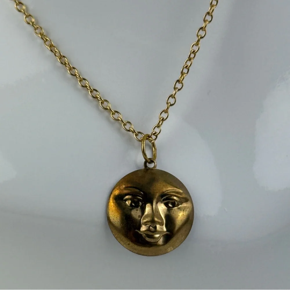 "Antique" Faux Gold Moon Face Charm Pendant Necklace Celestial Boho Witchy Goth! - Picture 5 of 16